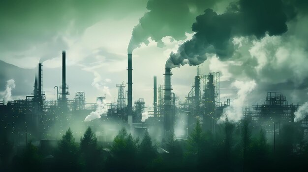 Industrial landscape with smoke from chimneys on the background of the forest