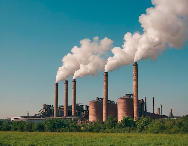 Industrial landscape with smokestack and smoking chimneys