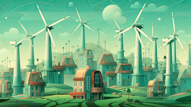 Industrial landscape with windmills and buildings