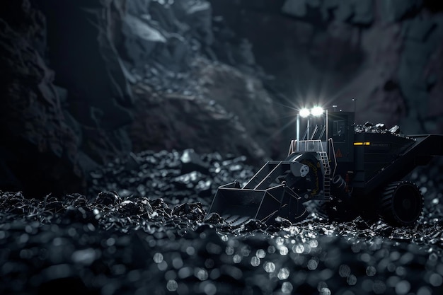 An industrial loader operates in a dimlylit rocky underground mine with bright headlights beaming forward