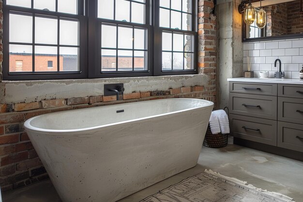 Industrial Loft Bathroom Industrialstyle vanity with concrete countertop subway tile walls black fix