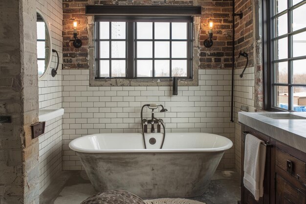 Industrial Loft Bathroom Industrialstyle vanity with concrete countertop subway tile walls black fix