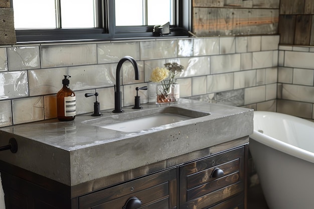 Industrial Loft Bathroom Industrialstyle vanity with concrete countertop subway tile walls black fix