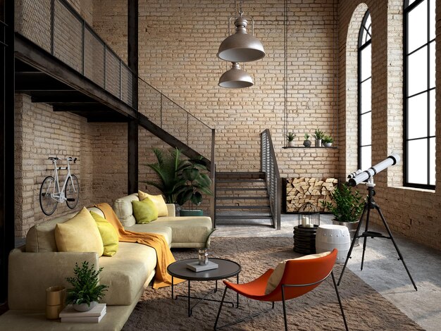 Photo industrial loft living room interior with sofalamp and brick wall3d rendering