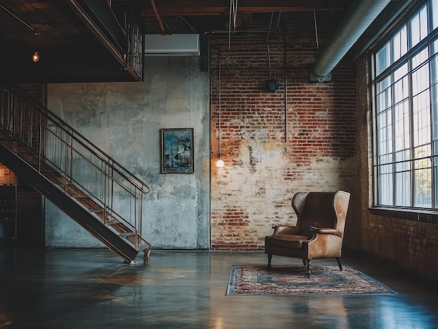 Photo industrial loft space with exposed brick and metal