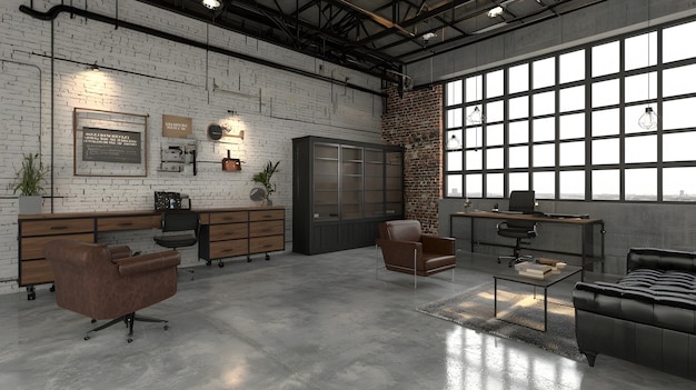 Photo industrial loft style office with dark leather furniture illustration