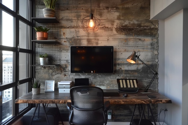 Industrial Loft Workspace Exposed brick walls metal furnishings reclaimed wood desk pendant lighting