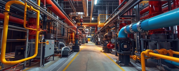 Industrial mechanical room featuring an array of pipes and valves with bright lighting and control