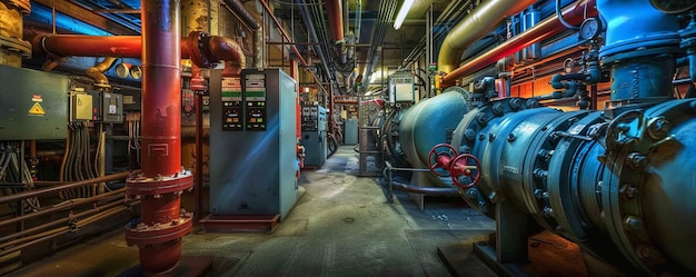 Industrial mechanical room featuring an array of pipes and valves with bright lighting and control