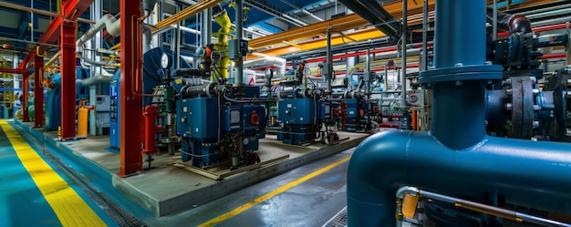 Industrial mechanical room featuring an array of pipes and valves with bright lighting and control