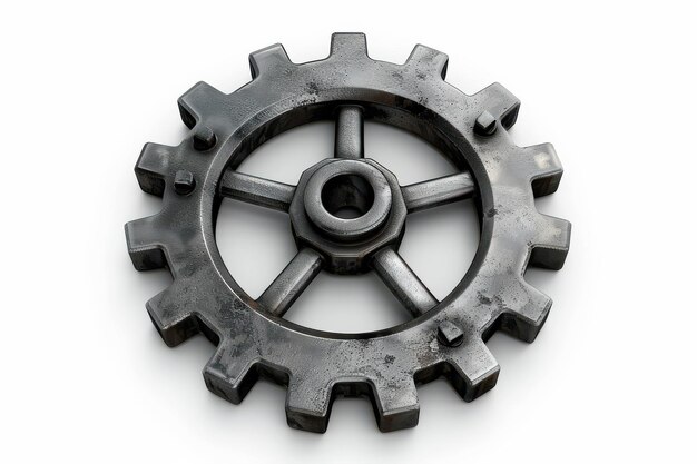 Photo industrial metal cogwheel resting on a white surface highlighting its intricate teeth and central hole