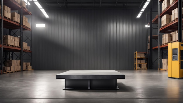 Industrial Metal Podium with gritty warehouse Background