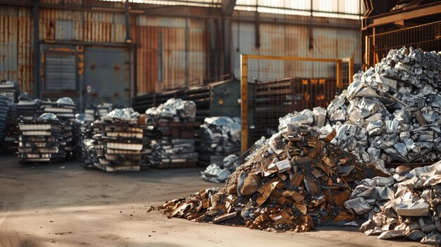 Industrial metal recycling facility with piles of scrap metal in different states