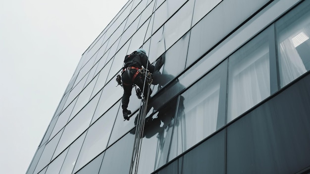 Industrial mountaineer worker washing outside facade glazing hanging over building Generative AI