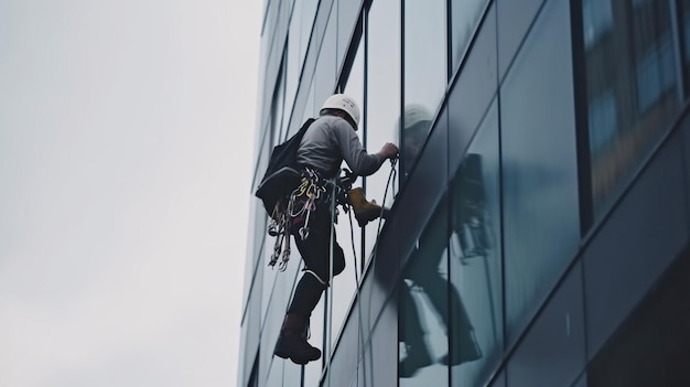 Photo industrial mountaineer worker washing outside facade glazing hanging over building generative ai