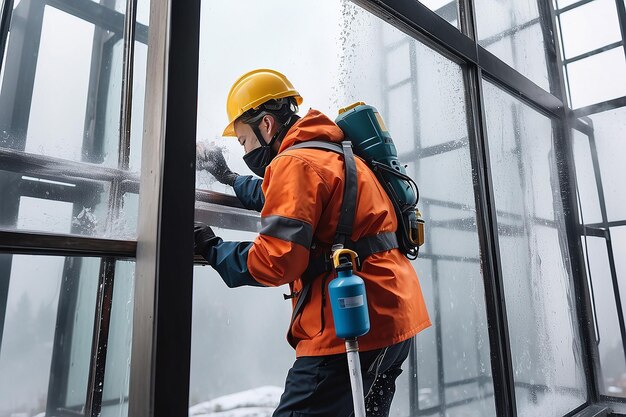 Industrial mountaineering worker washing glass windows Generative ai