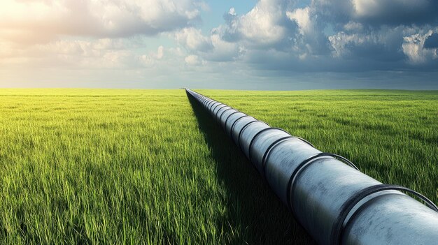 Industrial natural gas pipes running through a green field plenty of open space for text