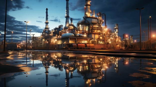 Industrial oil refinery petrochemical chemical plant with equipment and tall pipes