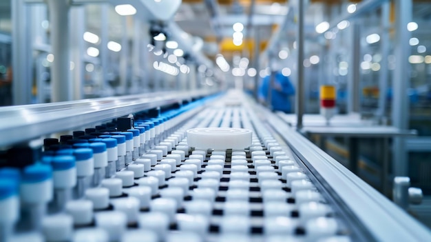 Industrial packaging line in manufacturing plant Conveyor in a spacious bright well lit factory workshop