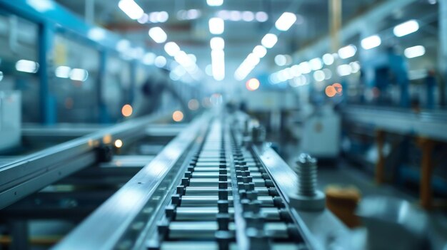 Industrial packaging line in manufacturing plant conveyor in a spacious bright well lit factory