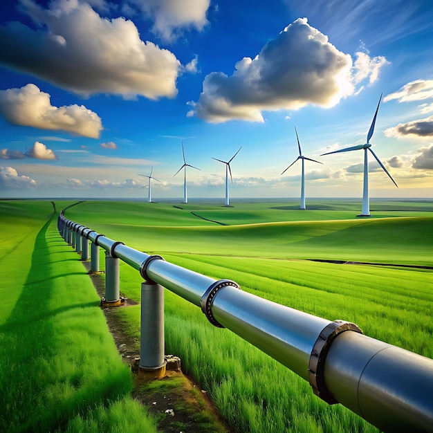 An industrial pipe on big green field with wind backgroundAI generator