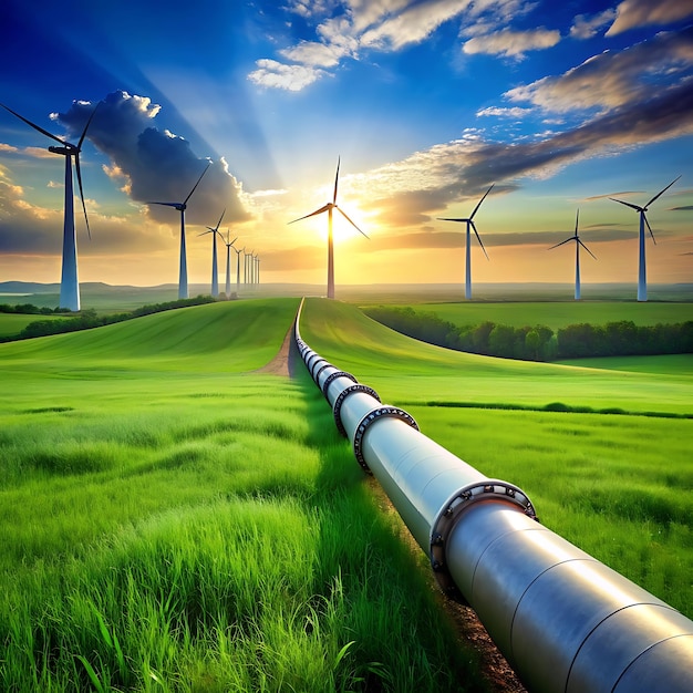 An industrial pipe on big green field with wind backgroundAI generator