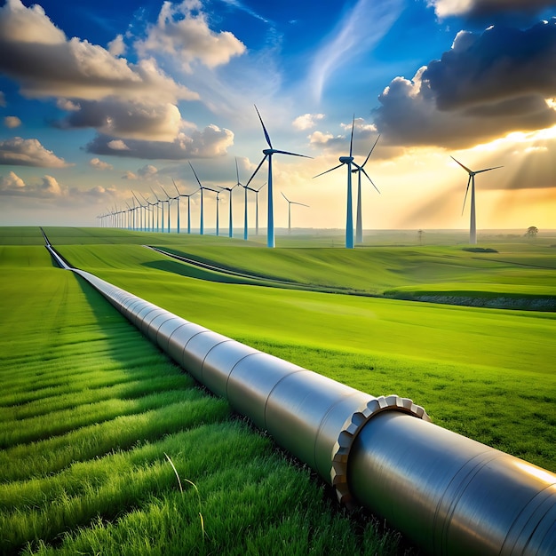 An industrial pipe on big green field with wind backgroundAI generator