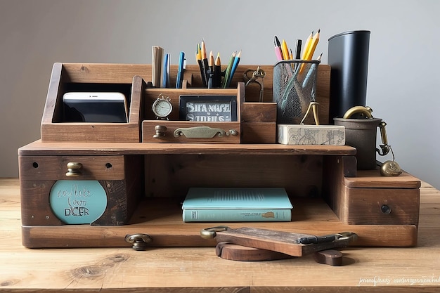 Industrial Pipe Desk Organizer with Vintage Accessories