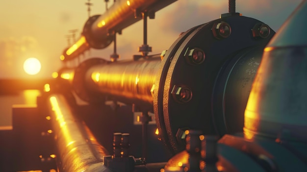 Industrial pipeline bathed in golden sunrise glow symbolizing energy and progress