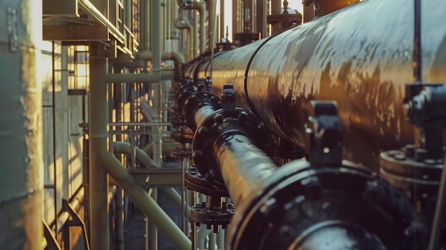 Industrial piping and valves with golden sunlight casting shadows