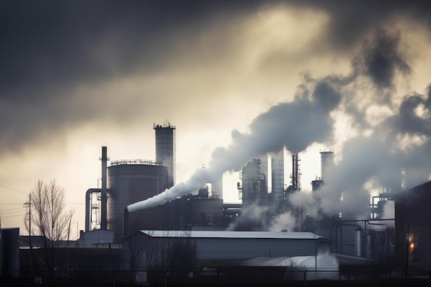 Industrial plant with smoke and fog coming from its smokestacks created with generative ai