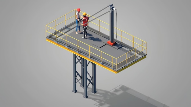 Photo industrial platform with two cartoon workers and equipment