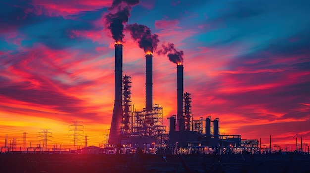 Industrial Power Plant with Smokestacks Emitting Smoke Against Vibrant Sunset Sky