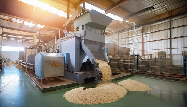 the industrial process of milling dried rice where husks are removed to reveal the white grains