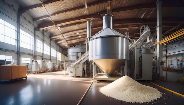 the industrial process of milling dried rice where husks are removed to reveal the white grains