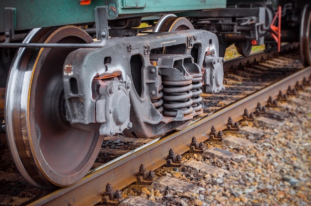 Industrial rail train wheels closeup technology train rail road.