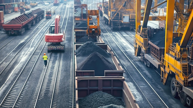 Photo industrial railway yard with freight trains cranes and a worker loading and unloading coal