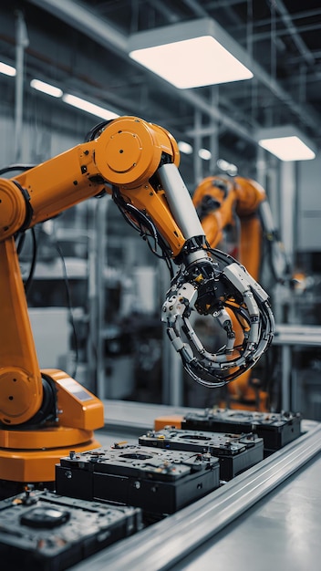 Industrial robot arm assembling a hightech gadget on a production line