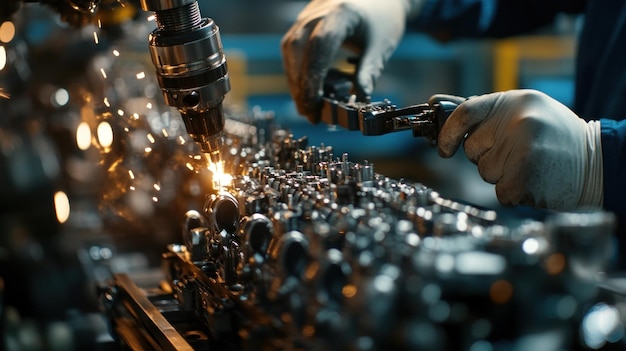 Photo industrial robot arm welding a metal part in a factory