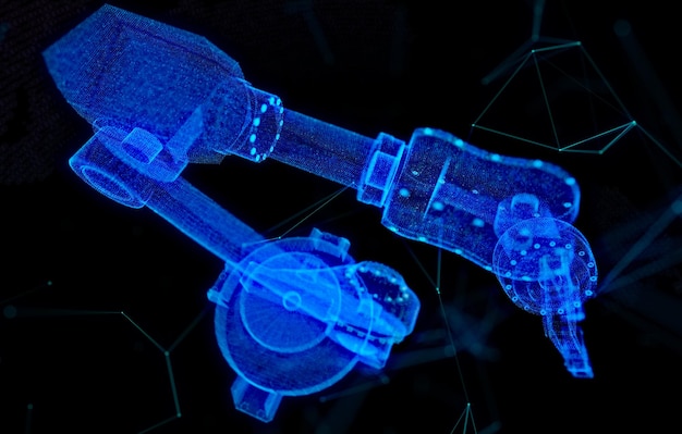 Photo industrial robot glow blue particles formation in d robot hand model