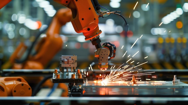 Photo industrial robot welding with sparks