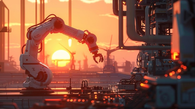 Photo industrial robotic arm at sunset a single robotic arm stands out against a backdrop of comple