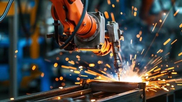 Industrial robotic arm welding metal with sparks flying in a manufacturing facility