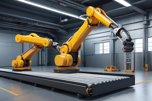 Photo industrial robotic arms with empty conveyor roller 3d rendering