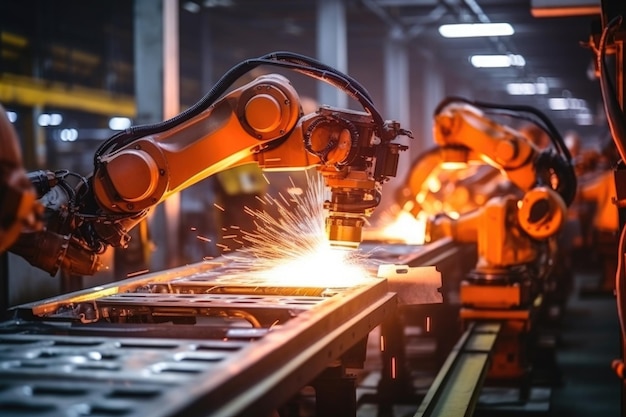 Industrial robots arm are welding automotive part in car factory AI Generative