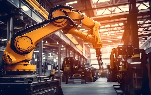 Industrial robots in a factory with a light on the background