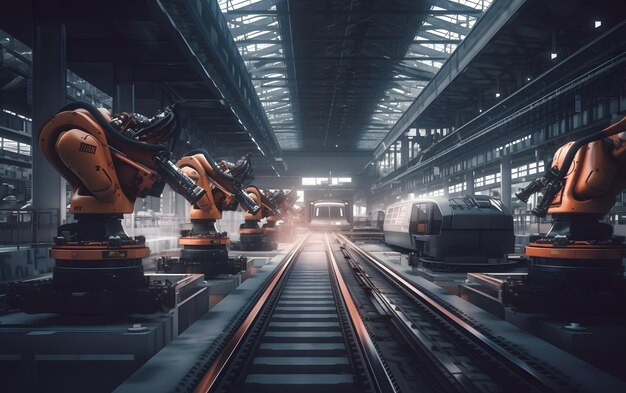 Industrial robots in a warehouse with a sign that says'industrial '