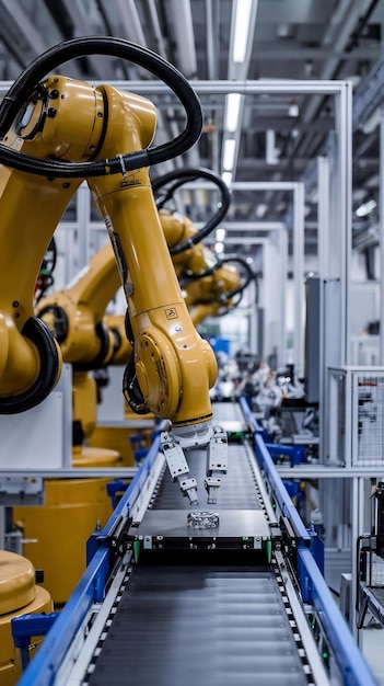 Photo industrial robots working on assembling line in a factory