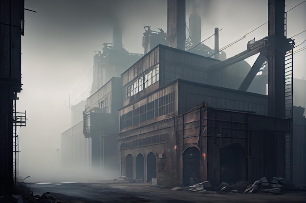 Industrial ruin with foggy mist creating a mysterious and otherworldly atmosphere