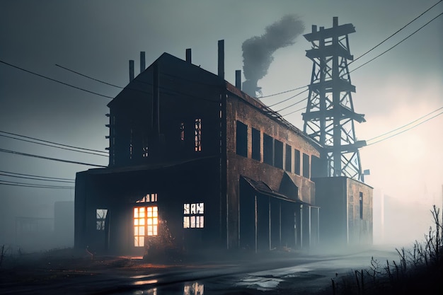 Industrial ruin with morning fog giving the scene an eerie and mysterious look